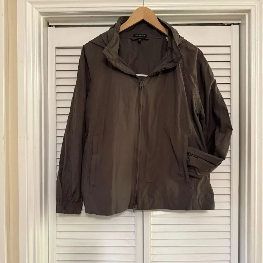 Eileen Fisher Taupe/Gray Hooded Windbreaker Swing Jacket